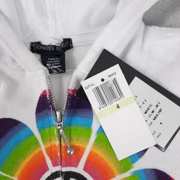 Flowers by Zoe Girls Hoodie 4 White Terry Zip Sweatshirt Rainbow Peace Y2K Retro - Picture 12 of 14